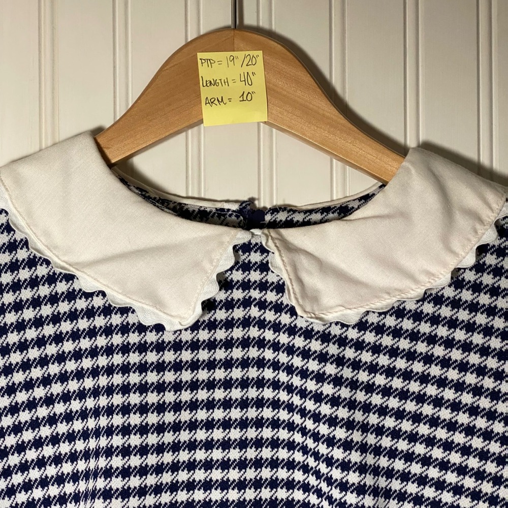 Handmade Vintage Navy White Houndstooth Scalloped Collar Dress Kitschy Mod - M/L - Picture 7 of 12